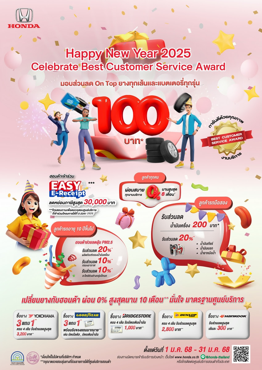 ฮอนด้า ร่วมมาตรการ Easy E-Receipt 2.0 ปี 2568 เพียงลูกค้านำรถยนต์รับบริการที่ศูนย์บริการฮอนด้าที่เข้าร่วมมาตรการ* สามารถลดหย่อนภาษีสูงสุด 30,000 บาท