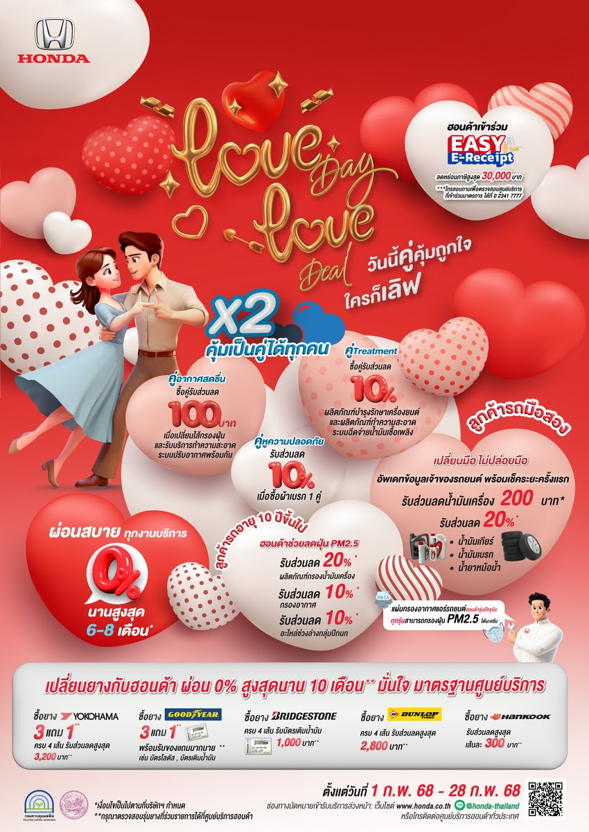 ฮอนด้า ส่งแคมเปญมอบความรักความห่วงใย ตลอด ก.พ. 2568 มอบส่วนลดพิเศษ 10% เมื่อลูกค้าซื้ออะไหล่หรือผลิตภัณฑ์แบบคู่* พร้อมมอบส่วนลดไส้กรองอากาศให้ลูกค้า